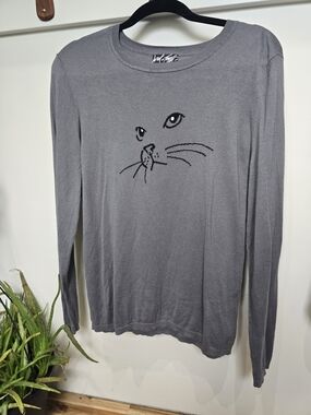 Lord And Taylor Gray Long-Sleeve Cat Sweater